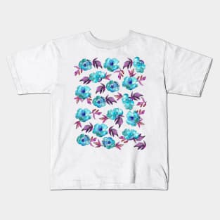 Peonies Flowers Watercolor Ink Cute Girly Cyan Kids T-Shirt